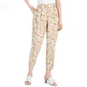 Alfani Women's Linen‎ Printed Tropical Tapered Leg Pants Beige
